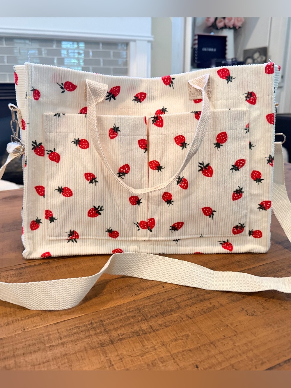 Cream Corduroy Strawberry Print Crossbody Tote with Canvas Strap
